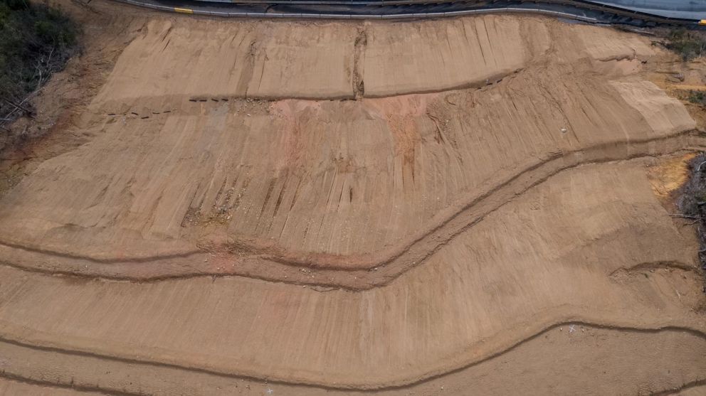 Aerial view directly above the Bogong High Plains Rd landslip