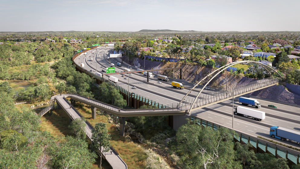 Aerial artist impression of Heyington Avenue bridge and Valda Wetlands adjacent the Eastern Freeway in Doncaster.