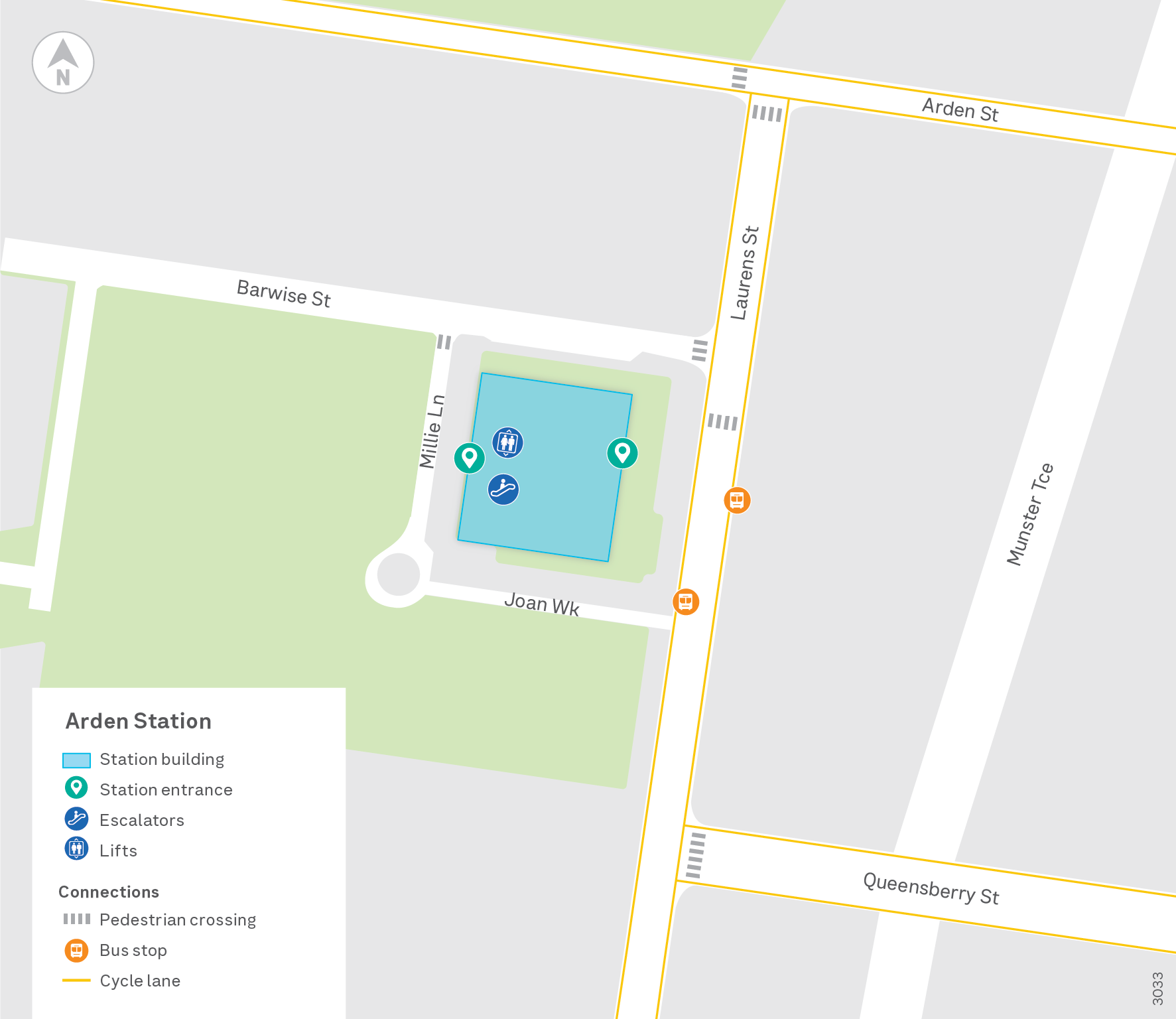 Map of Arden Station, located near the corner of Arden and Laurens streets with lift and escalator access located on Laurens Street, between Queensberry and Arden streets. There are 2 bus stops northbound and southbound on Laurens Street. Bike lanes are on Arden Street, Laurens Street and Queensberry Street.
