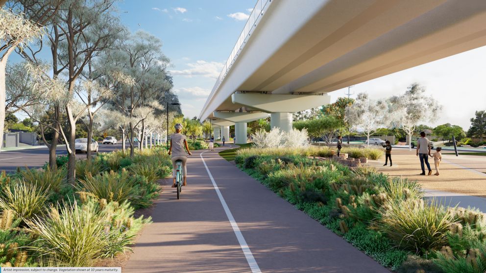 New shared use path from Como Parade West, looking towards Warrigal Road.  Artist impression, subject to change. Vegetation shown at 10 years maturity.