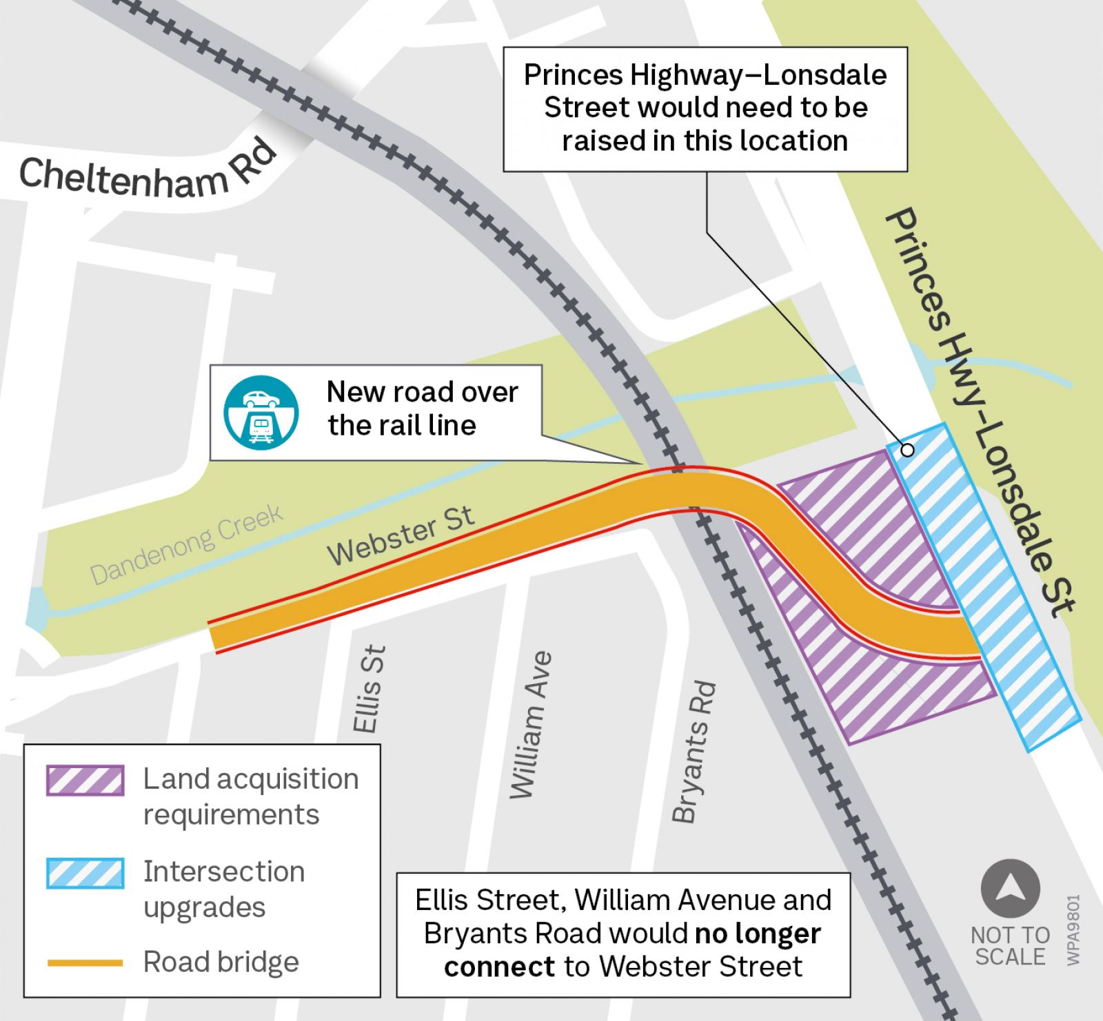 Map showing why a road bridge solution is not feasible.