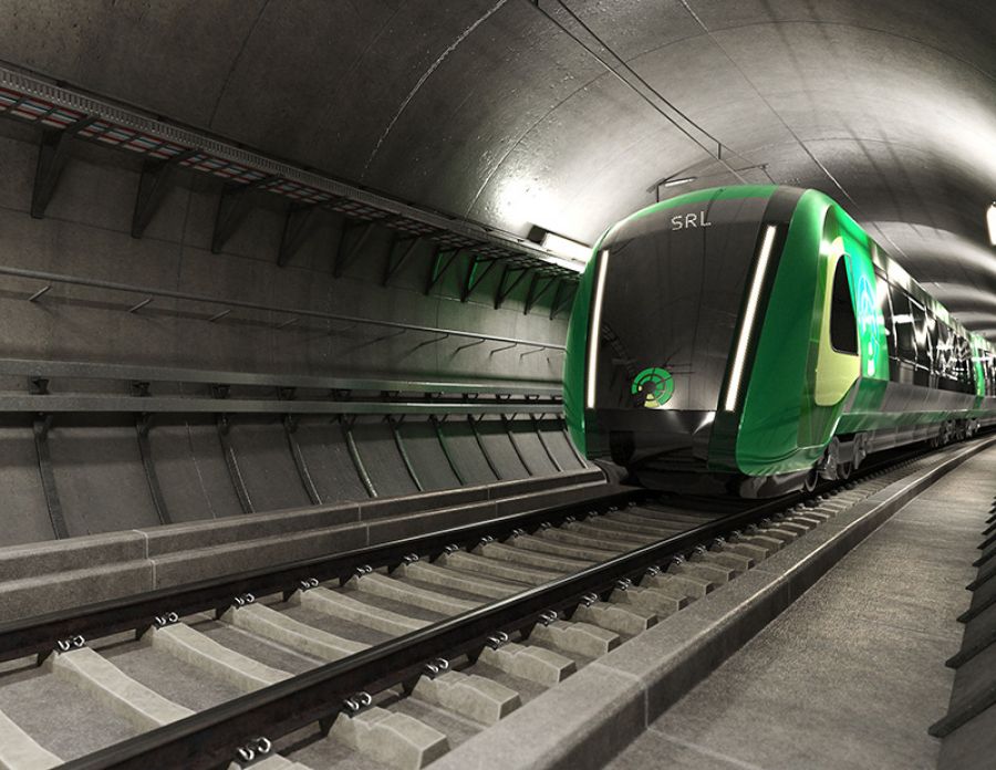 Render of SRL branded train moving within a tunnel underground.