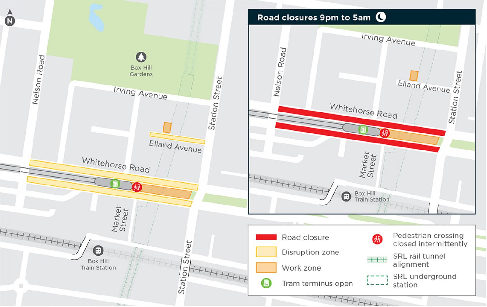 Daytime disruption zone in Whitehorse Road between Nelson Street and Station Street and further disruptions in Elland Avenue.  Whitehorse Road is closed between Nelson Street and Station Street between 9pm and 5am.