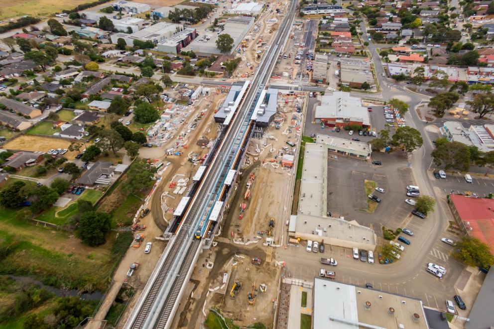 Areial view of the new Narre Warren Station Precinct and Webb Street level crossing removal