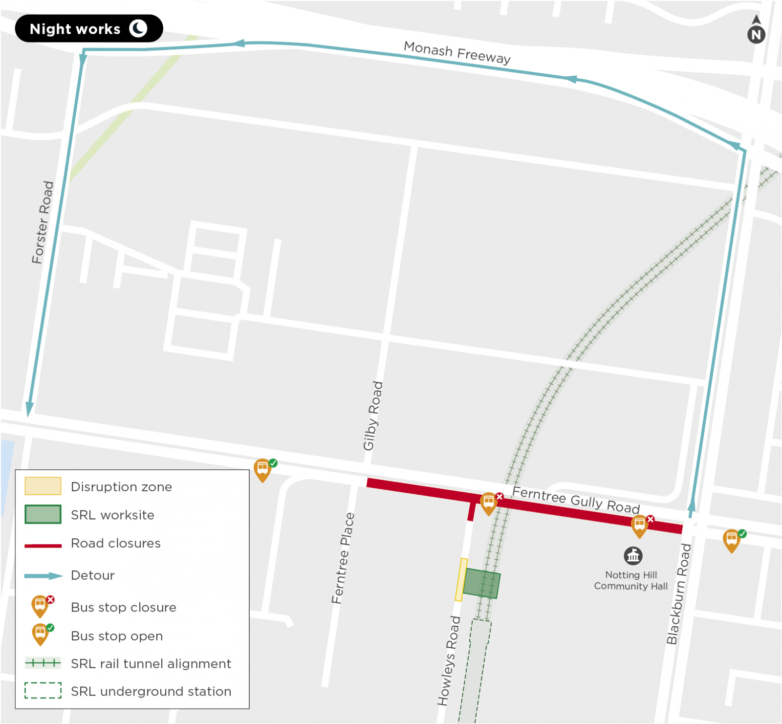 Map of night time works happening in Monash over April