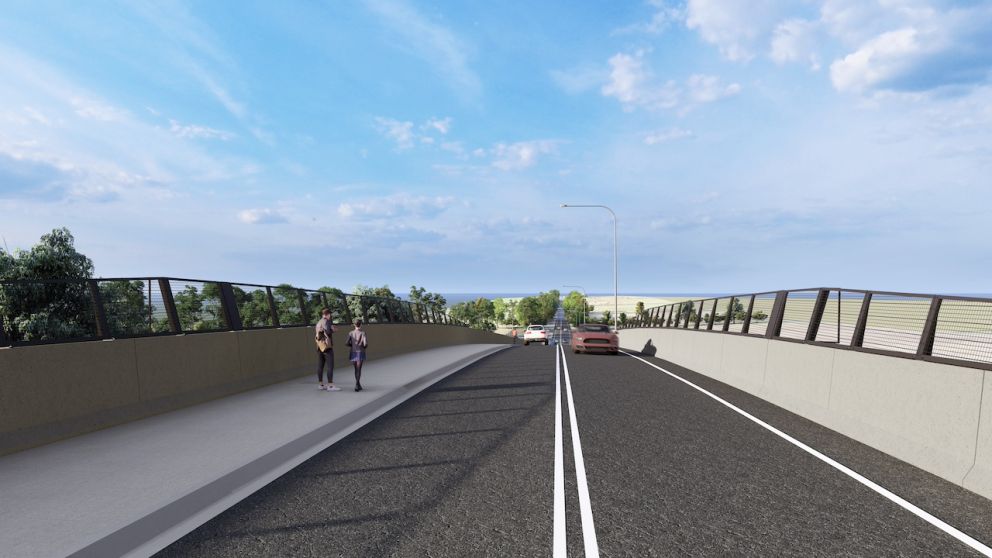 View when travelling east over the new road bridge at Watsons Road, Diggers Rest. Artist impression only, subject to change.