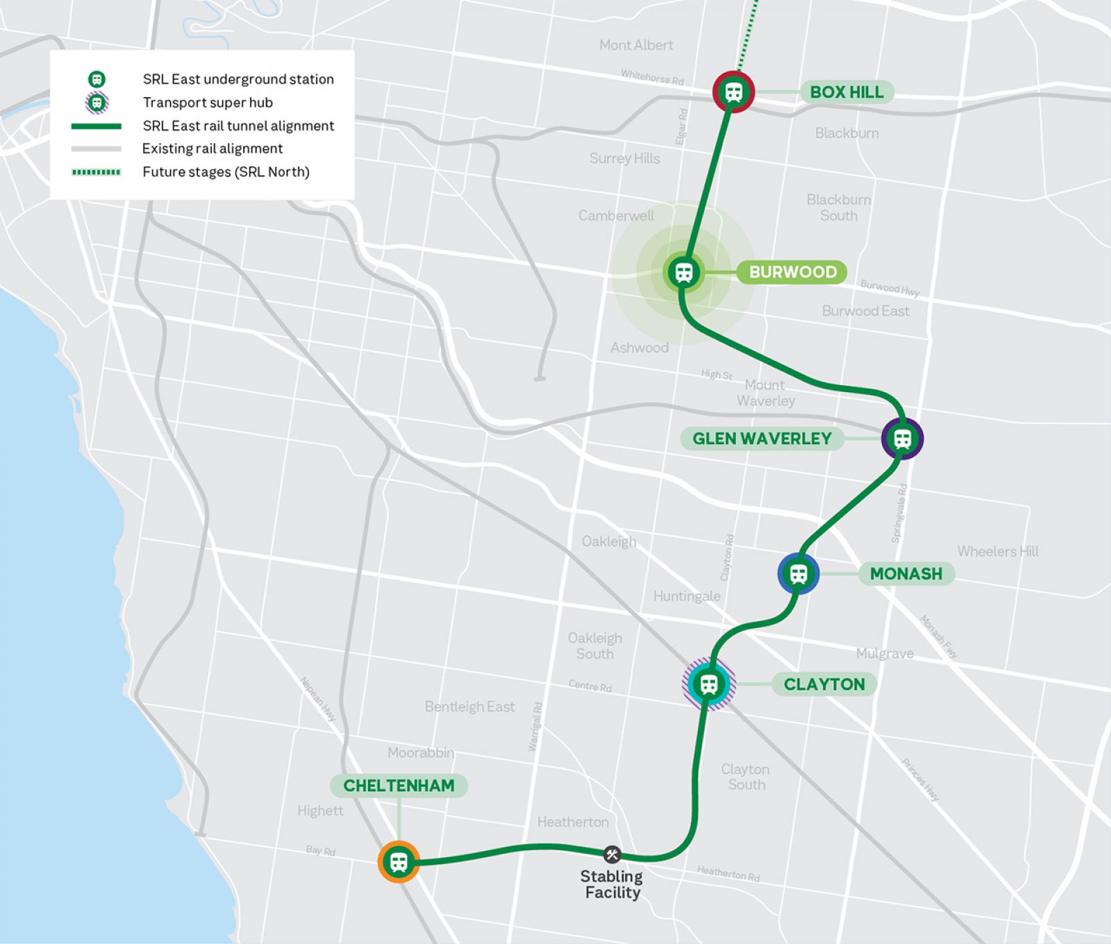 SRL East rail alignment highlighting Burwood.