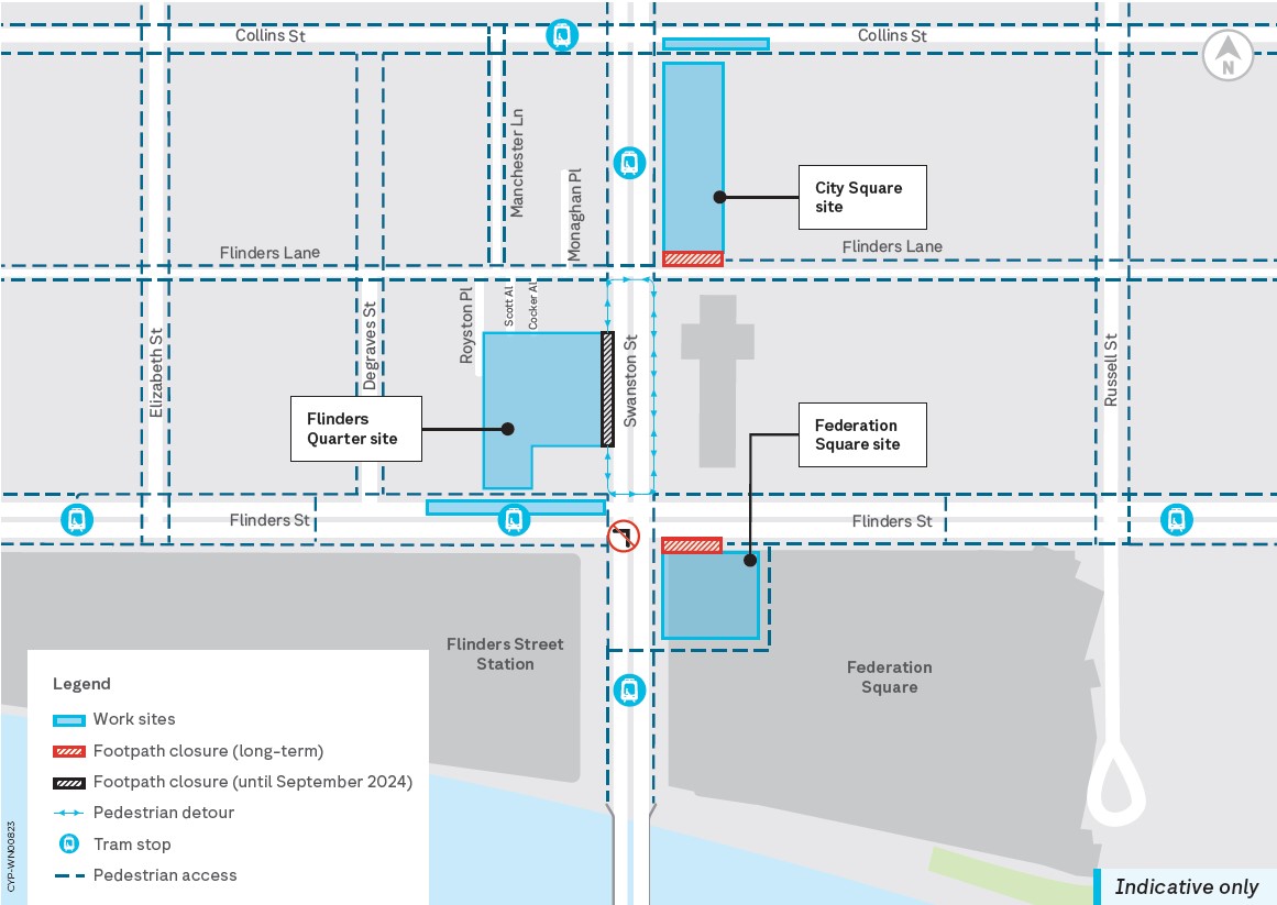 Map of Town Hall Station, located under Swanston Street, between Flinders Street and Collins Street, showing 7 entrances. They are located at Scott Alley, Cocker Alley, Swanston Street, Flinders Street, City Square and Fed Square. All have lift and escalator access.  Town Hall Station is also accessible via an underground passenger connection to and from Flinders Street Station, with lift access. There are tram stops on Collins Street, Swanston Street and Flinders Street. Bike lanes are on Collins Street, Swanston Street, Flinders Lane and Flinders Street.