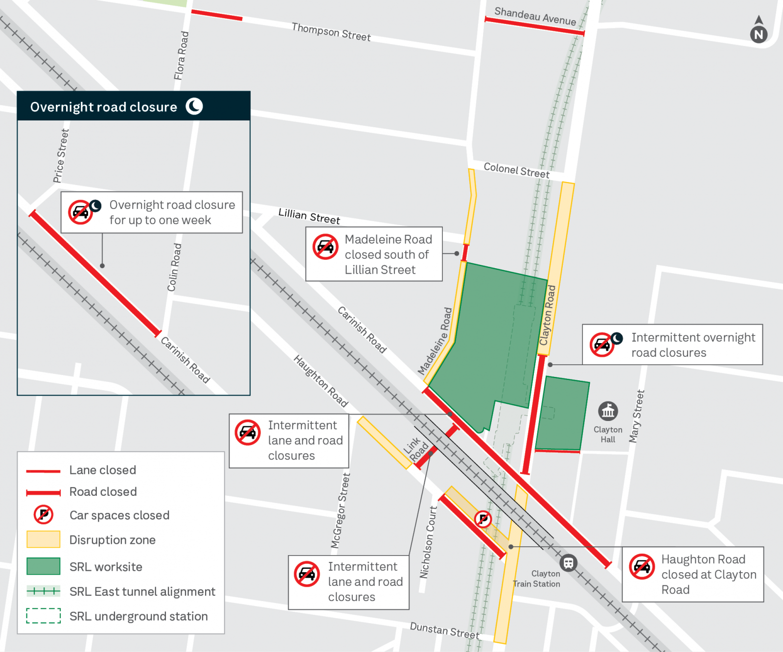 Intermittent lane and road closures on Clayton Road, Haughton Road and Remembrance gardens