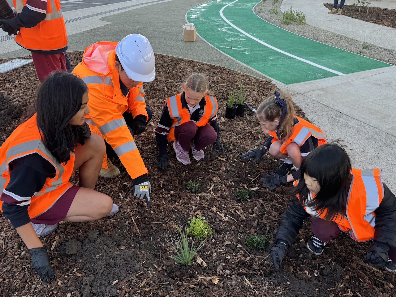 Students from Oatlands Primary School helping the Level Crossing Removal Team plant
