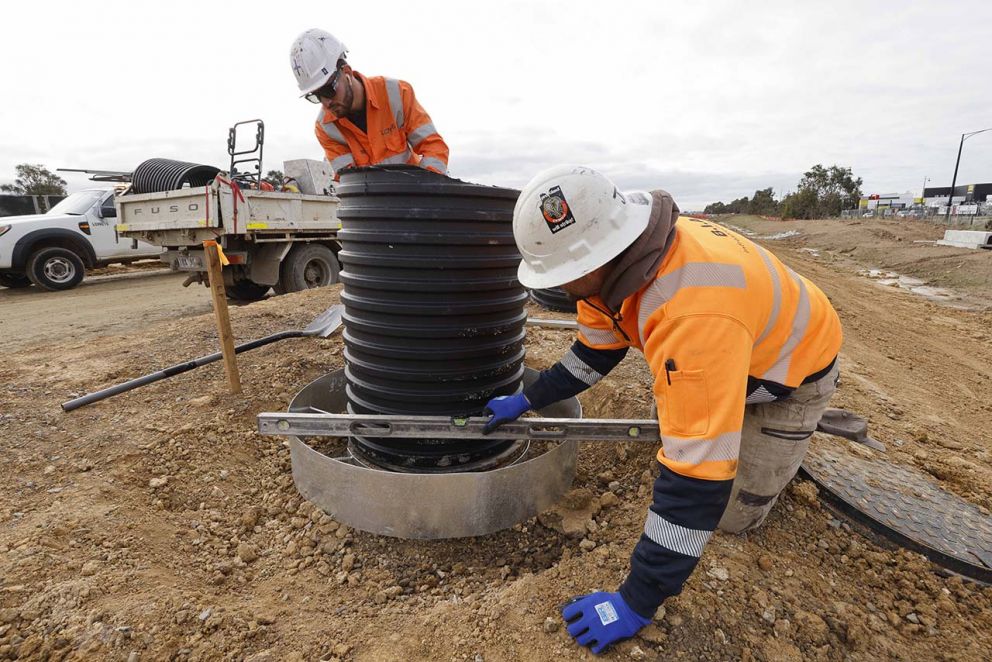 July 2023- Installing utility pits along the new inbound lane on the Princes Freeway