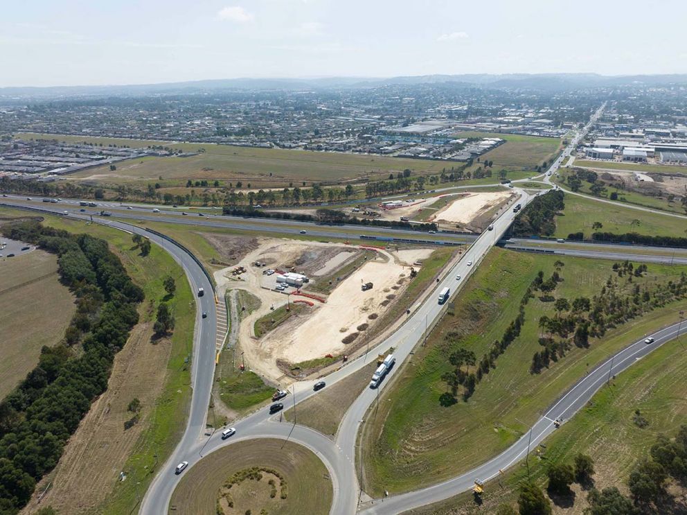 March 2023- Aerial view of the foundations for the new Healesville-Koo Wee Rup Road bridge over the Princes Freeway