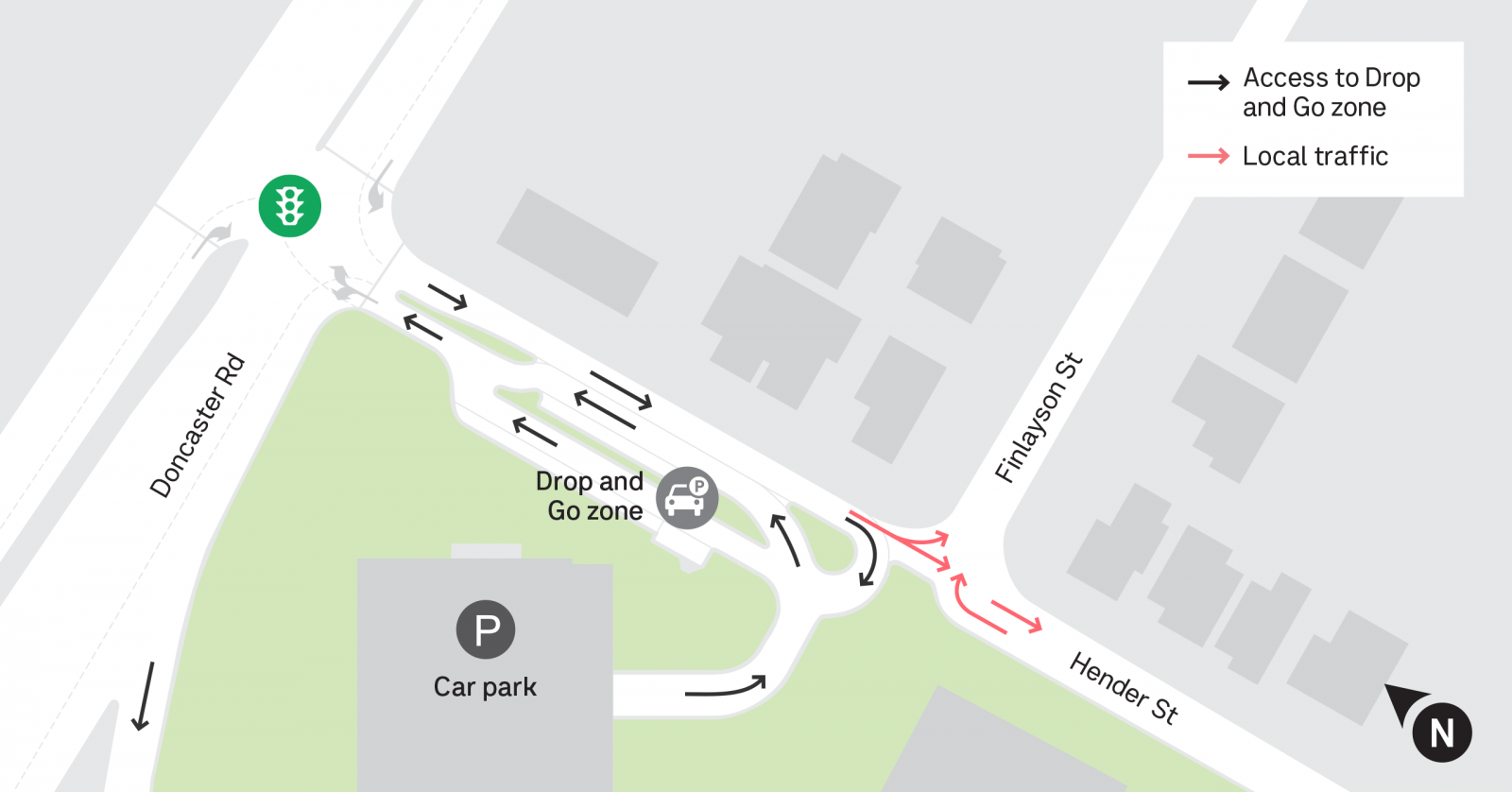 Map of car park exit and Drop and Go zone on Hender Street