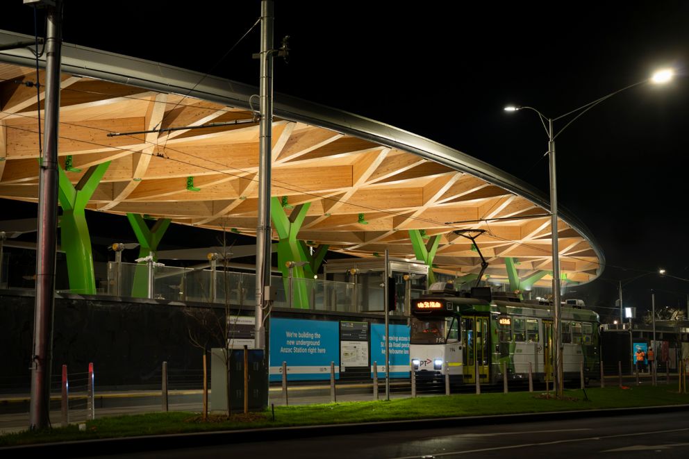 A tram arriving at Anzac Station in the early hours of the morning