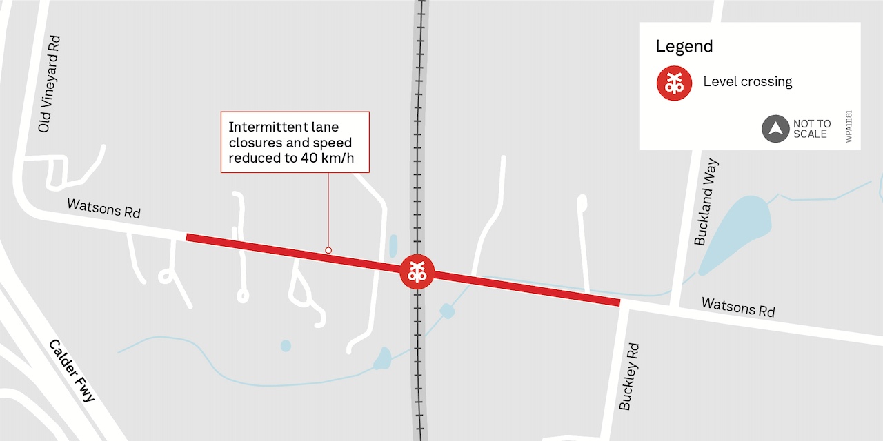 Map showing intermittent lane closures and speed reduction near the Watsons Road level crossing