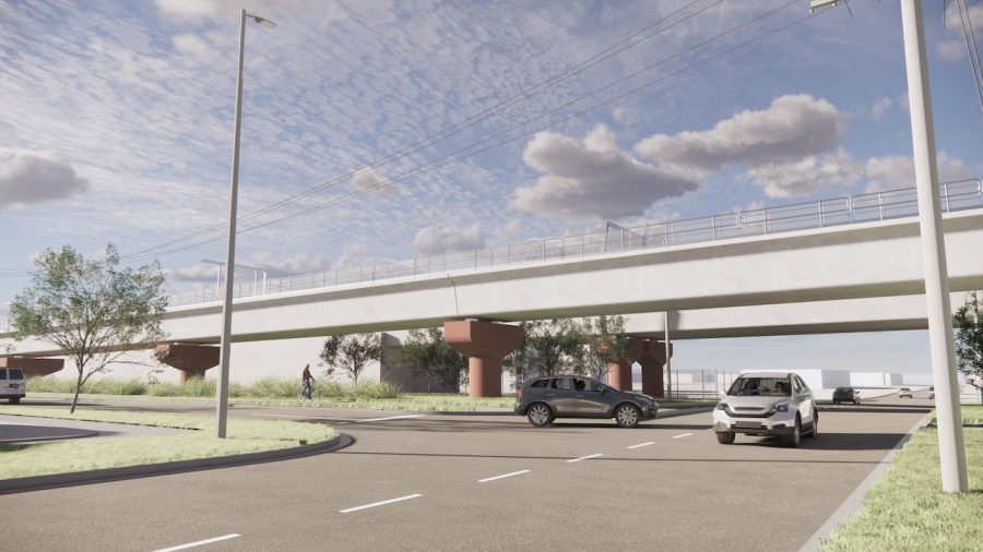 New elevated rail bridges at Maddox Road will be built as part of the project. Artist impression, subject to change