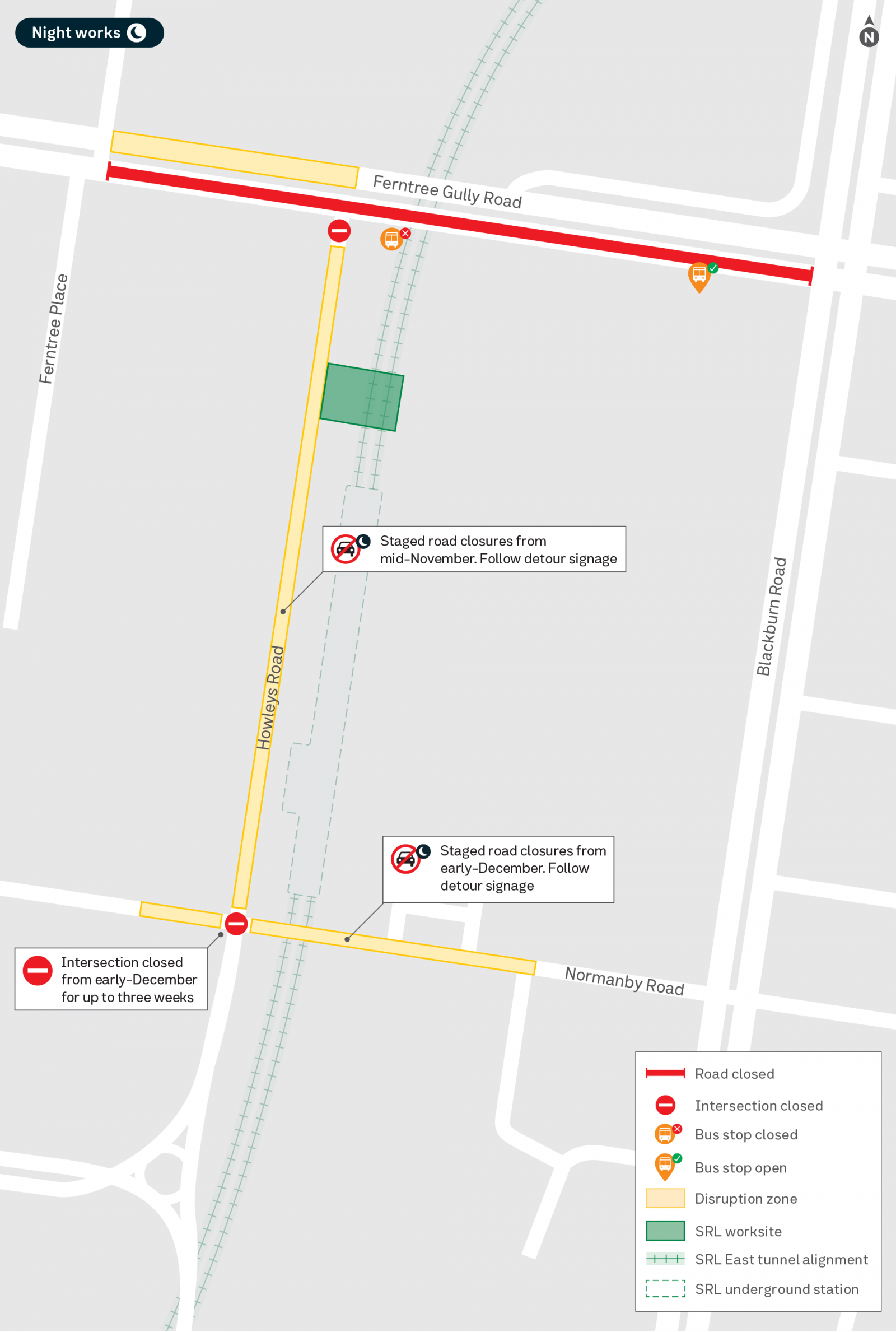 Map showing works in Monash during November