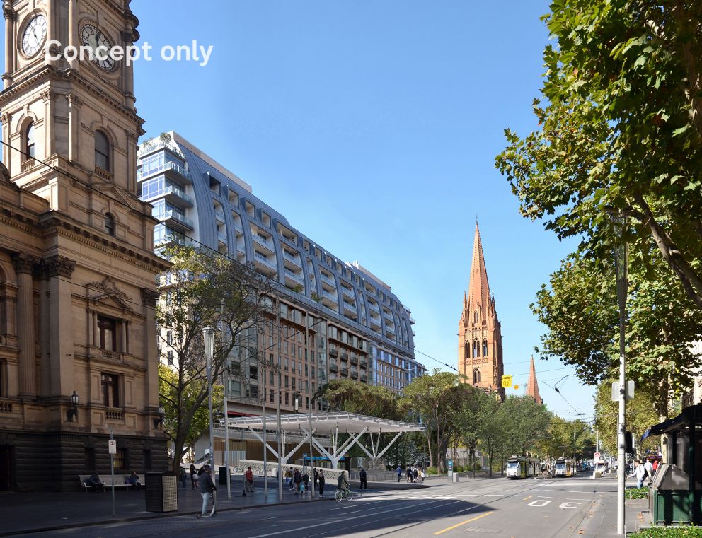 Render of the City Square entrance to Town Hall Station seen from Swanston Street. 