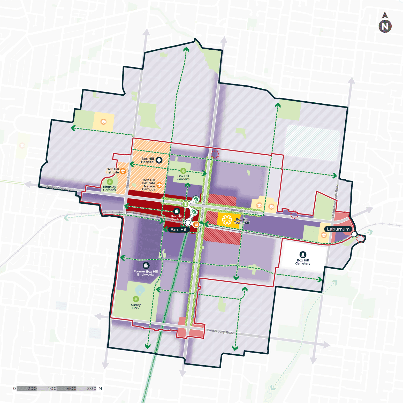 Map: spatial representation of the Vision for Box Hill