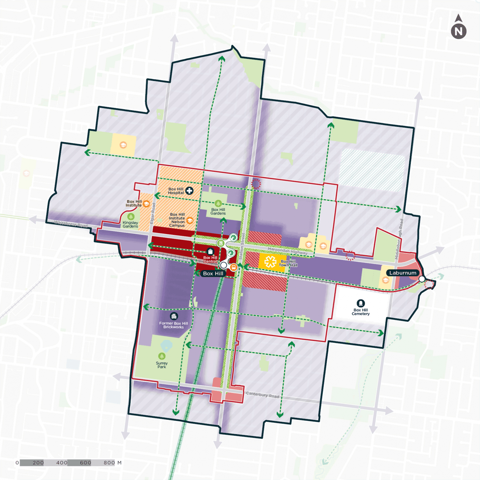 Map: spatial representation of the Vision for Box Hill