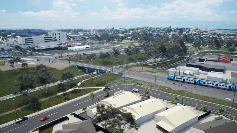 Kur shikon në drejtim të veri-lindjes drejt autostradës Princes -rrugës Lonsdale, me rrugën Webster që tani është e mbyllur në kryqëzimi i linjës hekurudhore me rrugën. Pikturimi i artistit, mund të ndryshojë.