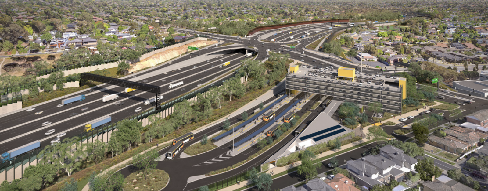 An artists impression showing Doncaster Park and Ride, buses and freeway with multiple lanes