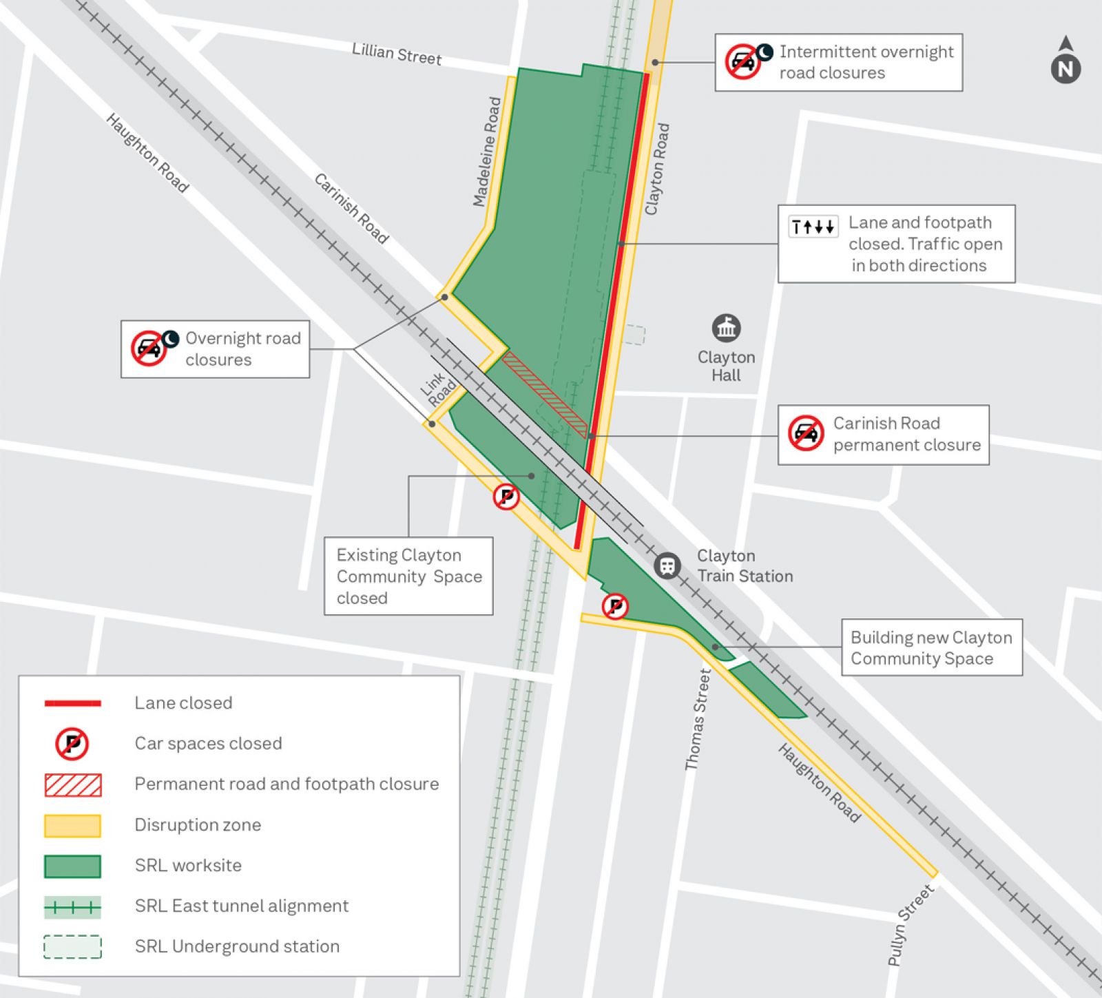 Works at Carinish Road and Haughton Road, and intermittent lane closures and overnight road closures on Clayton Road.