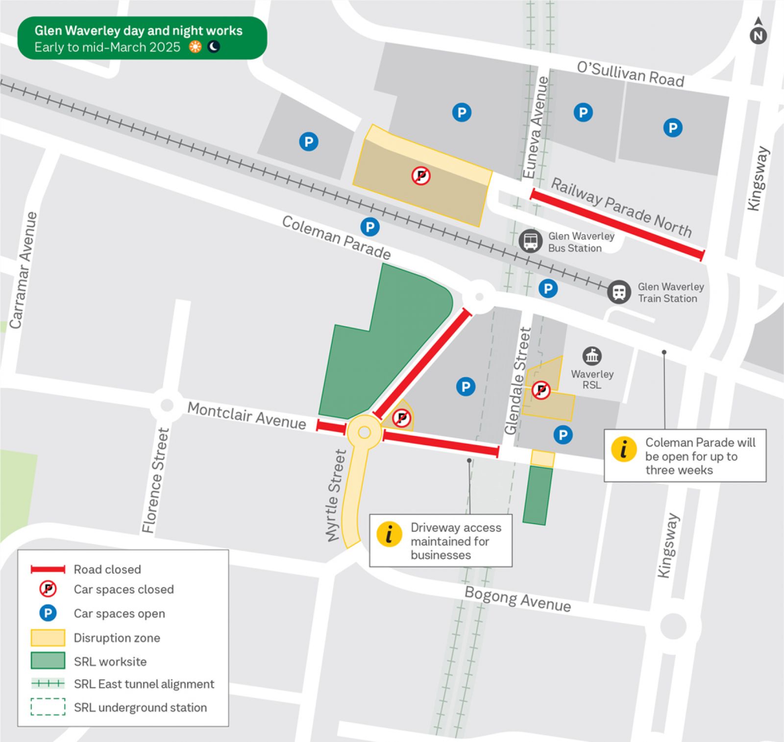 Map outlines road closures on Montclair Avenue, Myrtle Street and Railway Parade North, and further disruption zones