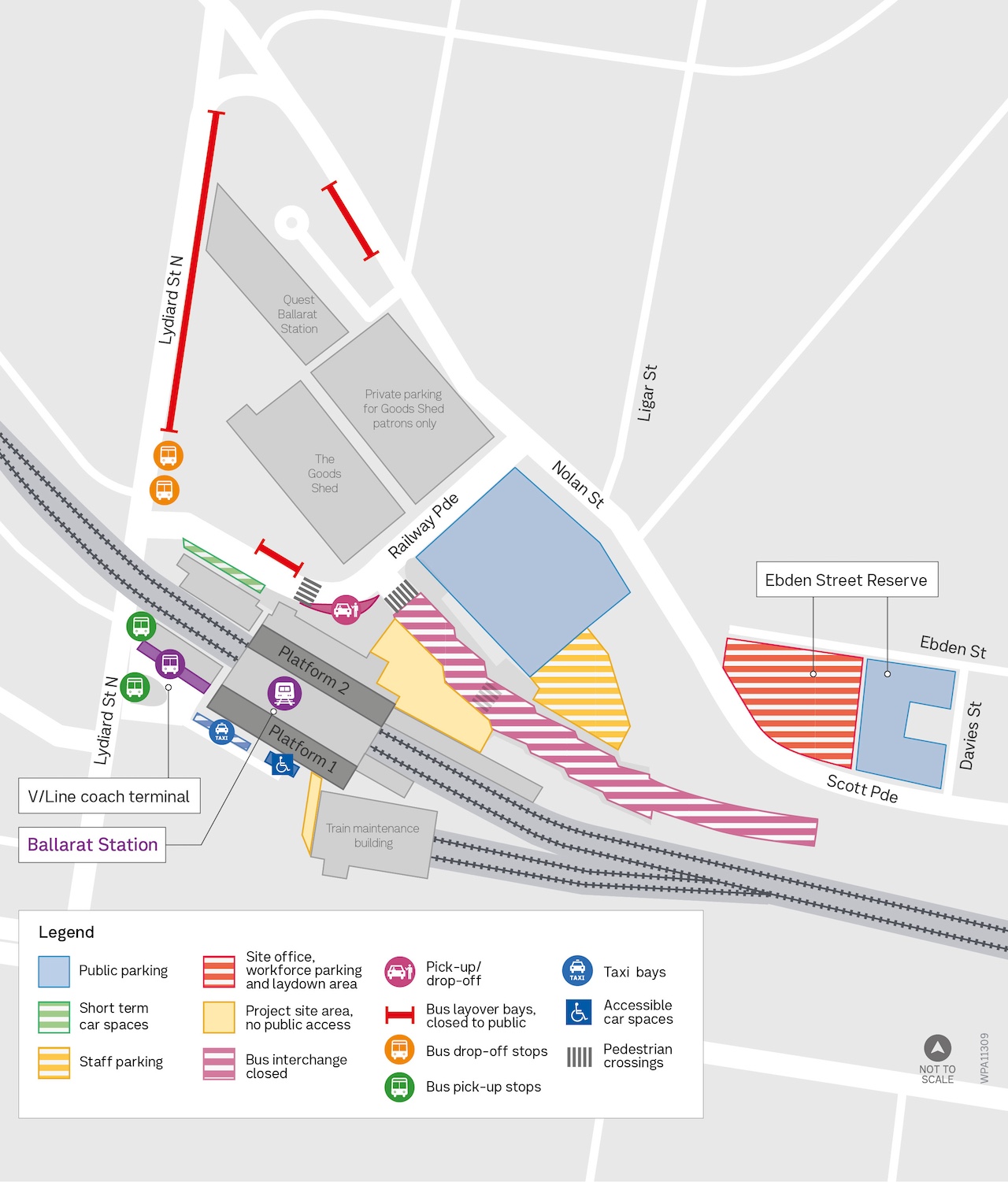 Map showing parking and bus stop changes around Ballarat Station.