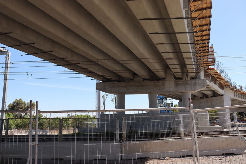 The new bridge spanning the rail line at the Old Calder Highway