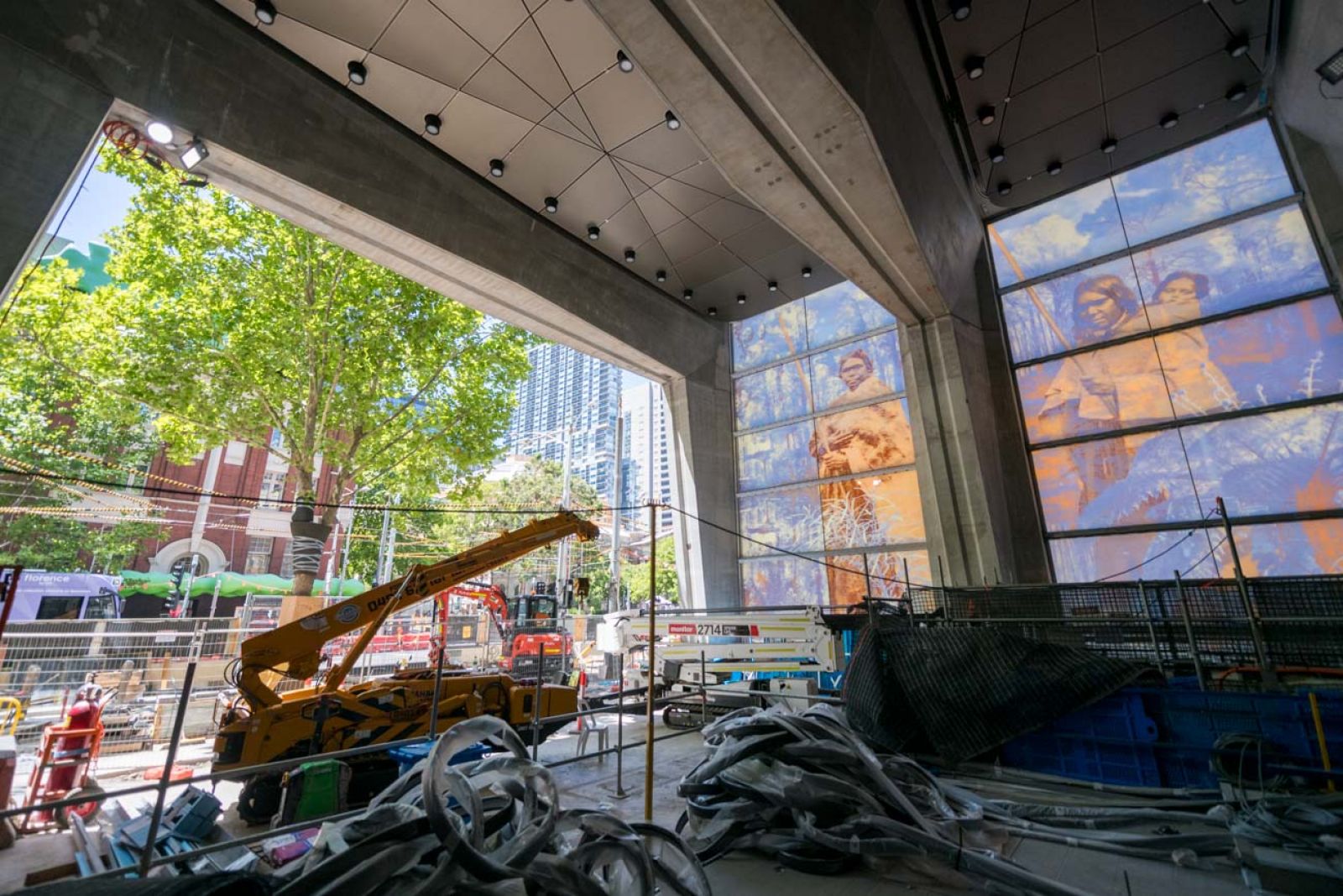 Inside the main entrance under construction, with the artwork Forever by Danie Mellor
