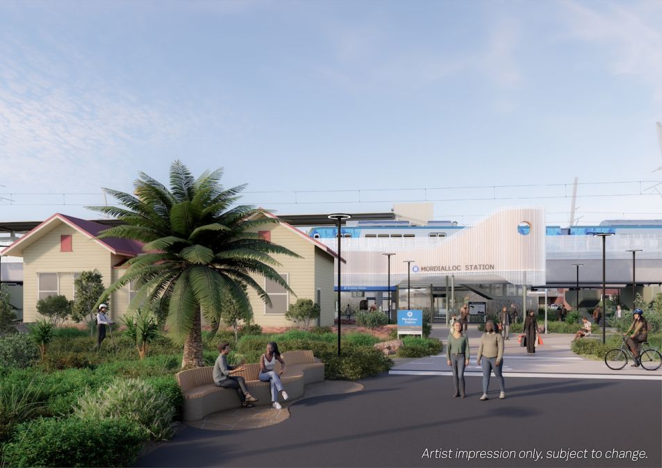 The new Mordialloc Station precinct will feature the original station building. Artist impression, subject to change.