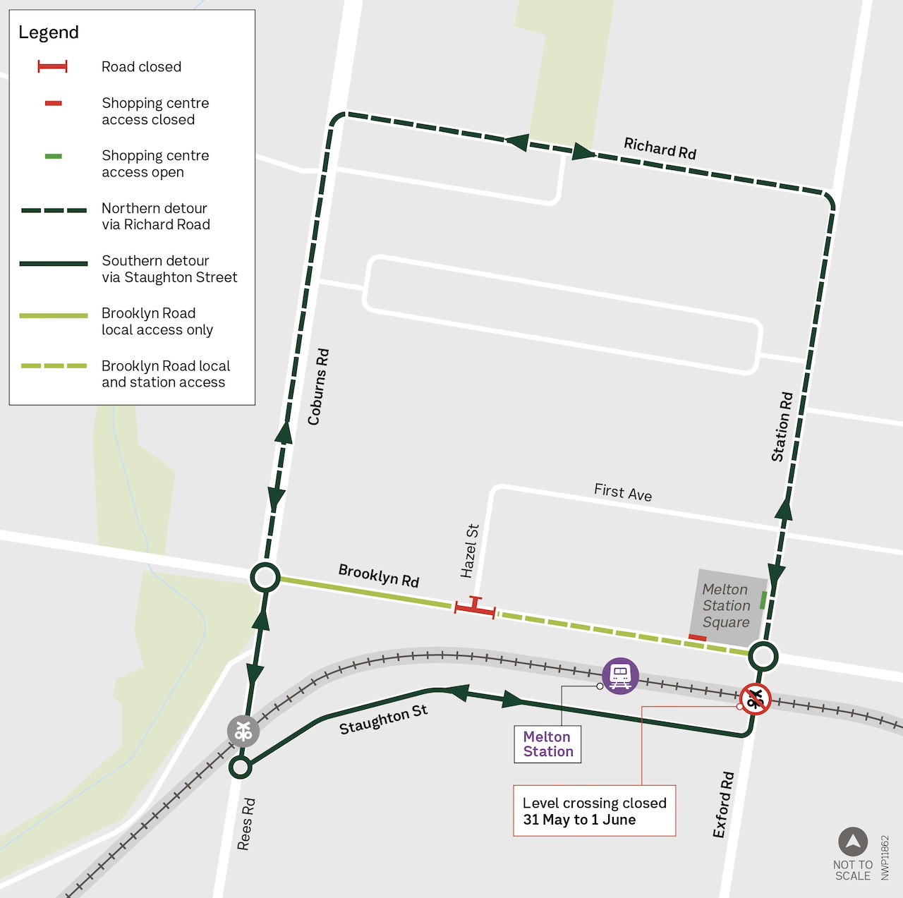 Map showing detours via Staughton Street and Richard Road