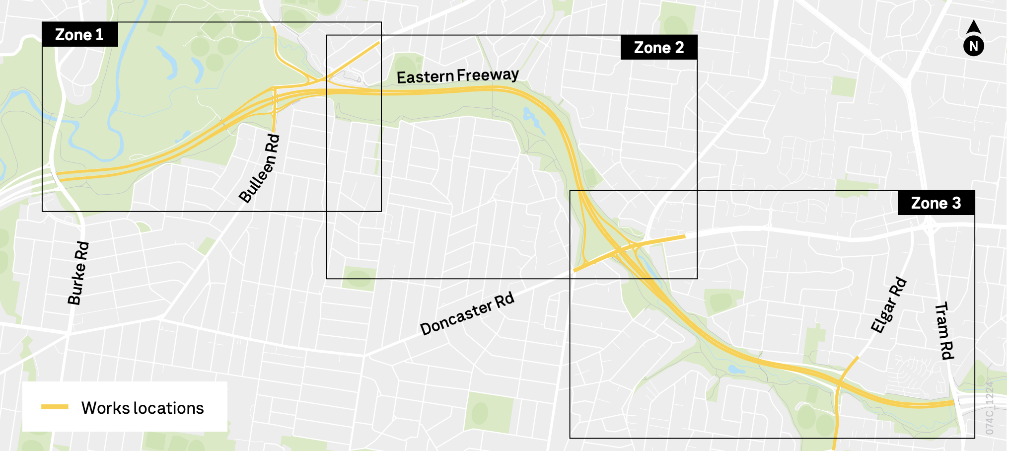works locations map for Eastern Freeway