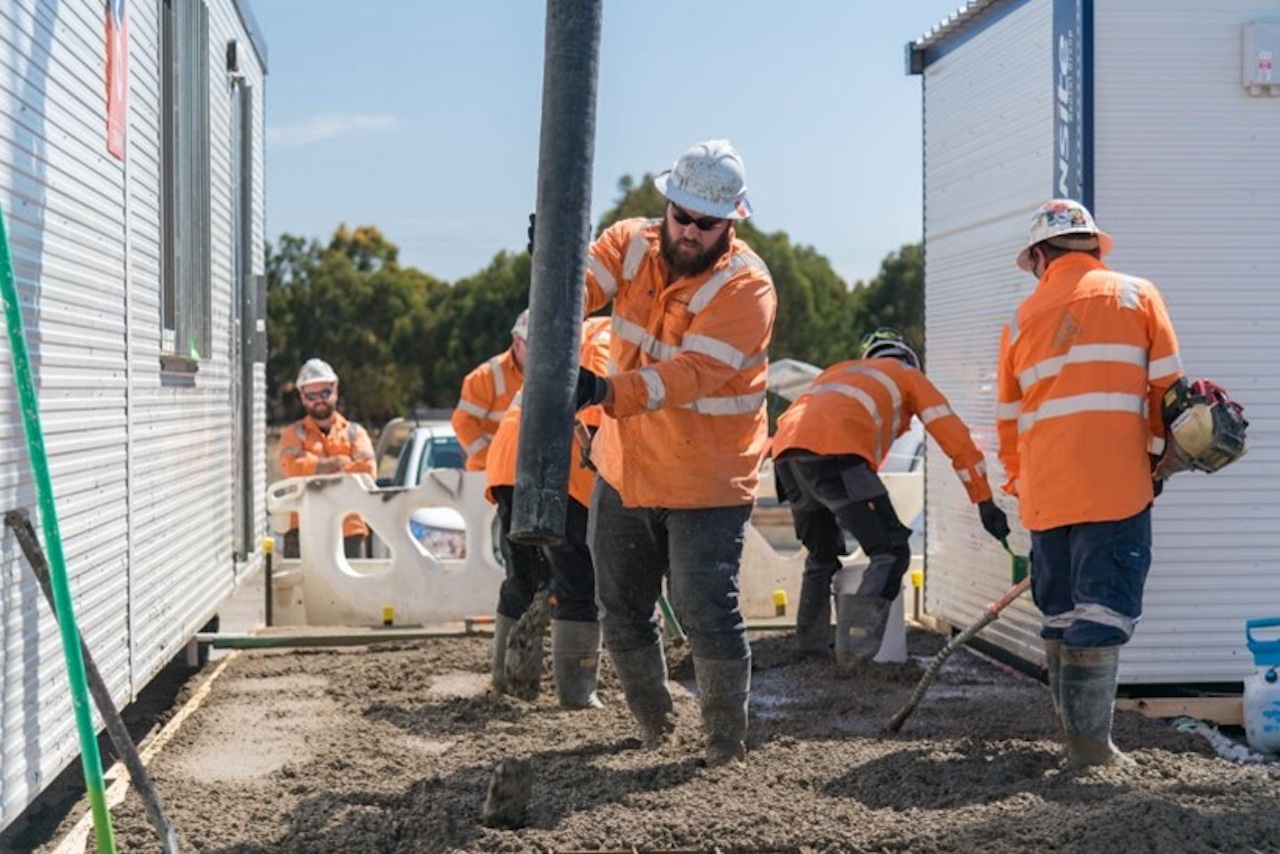 Calcined clay concrete used on site to form the base slabs of the crew facilities
