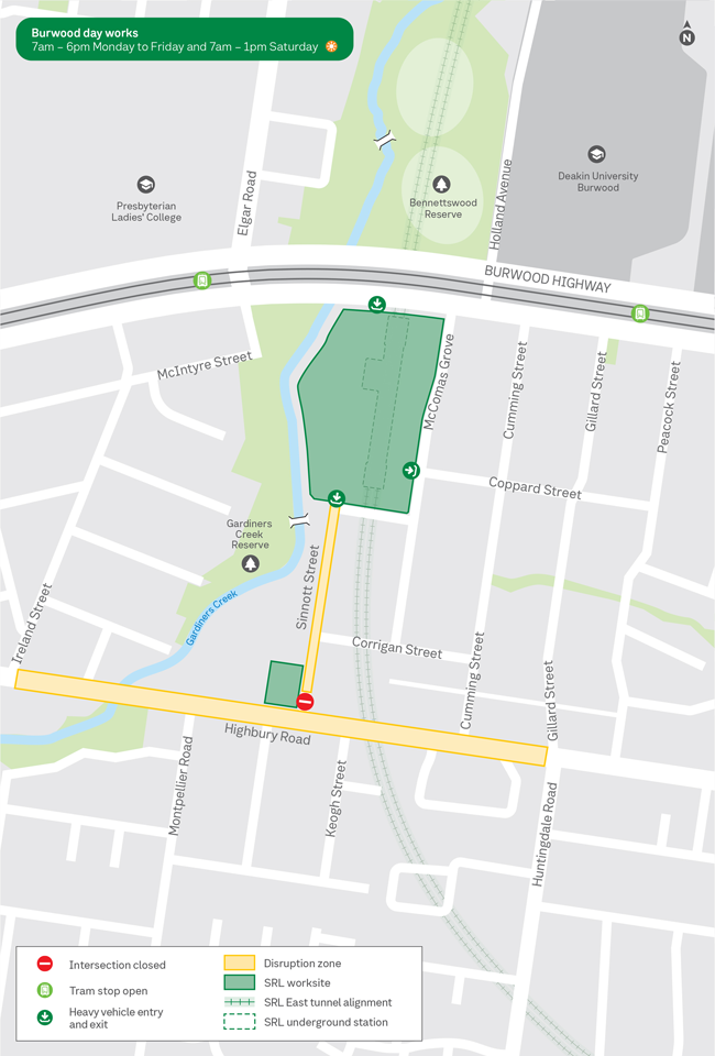 Map showing day works in Burwood during July