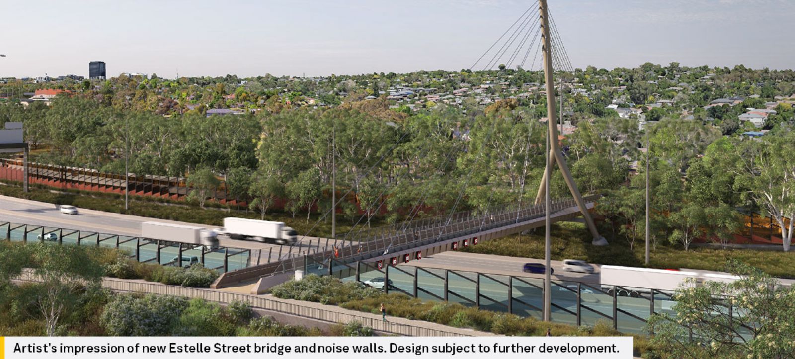 Artist's impression of new Estelle Street bridge and noise walls. 