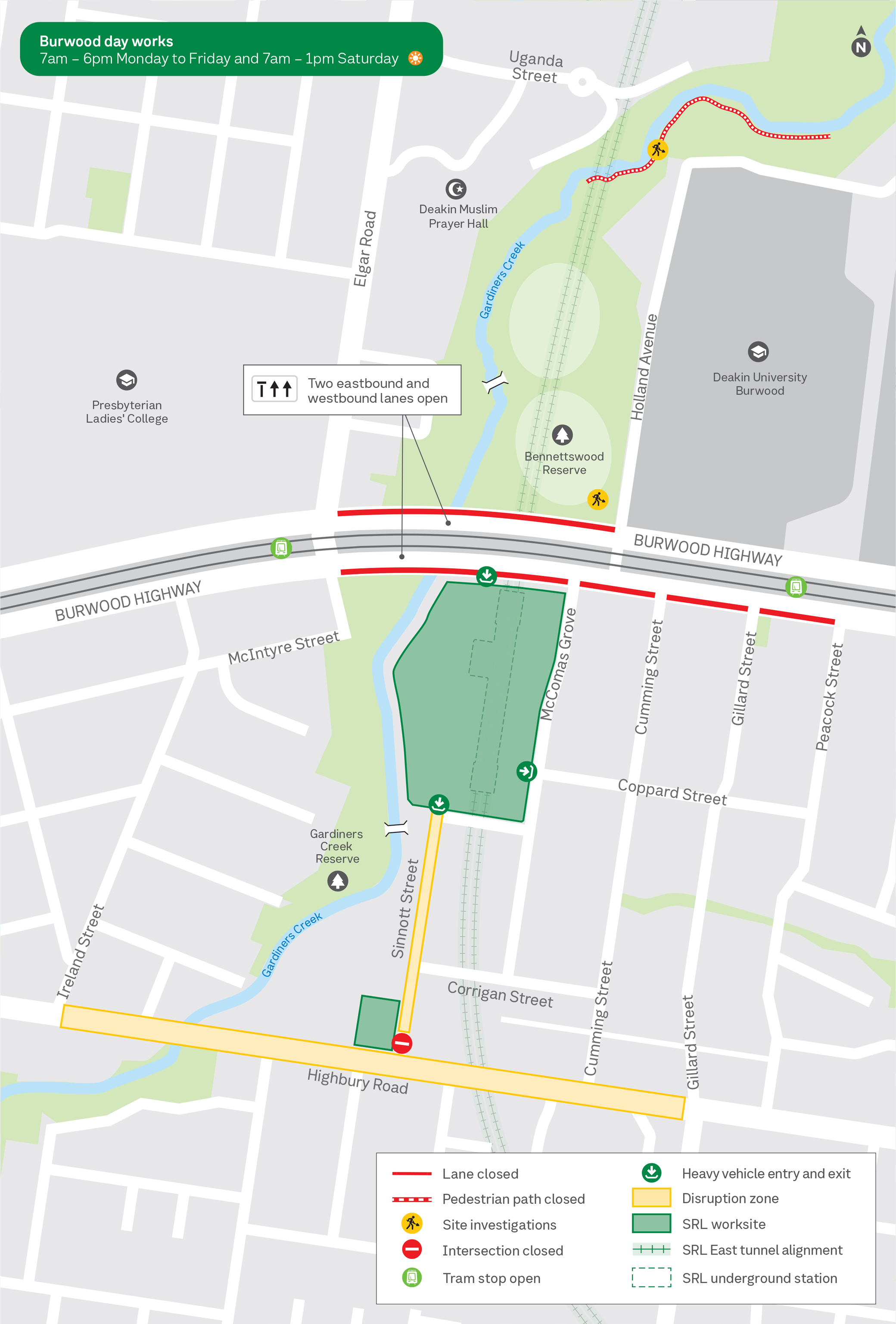 Map showing works happening in Burwood during day time hours throughout August.