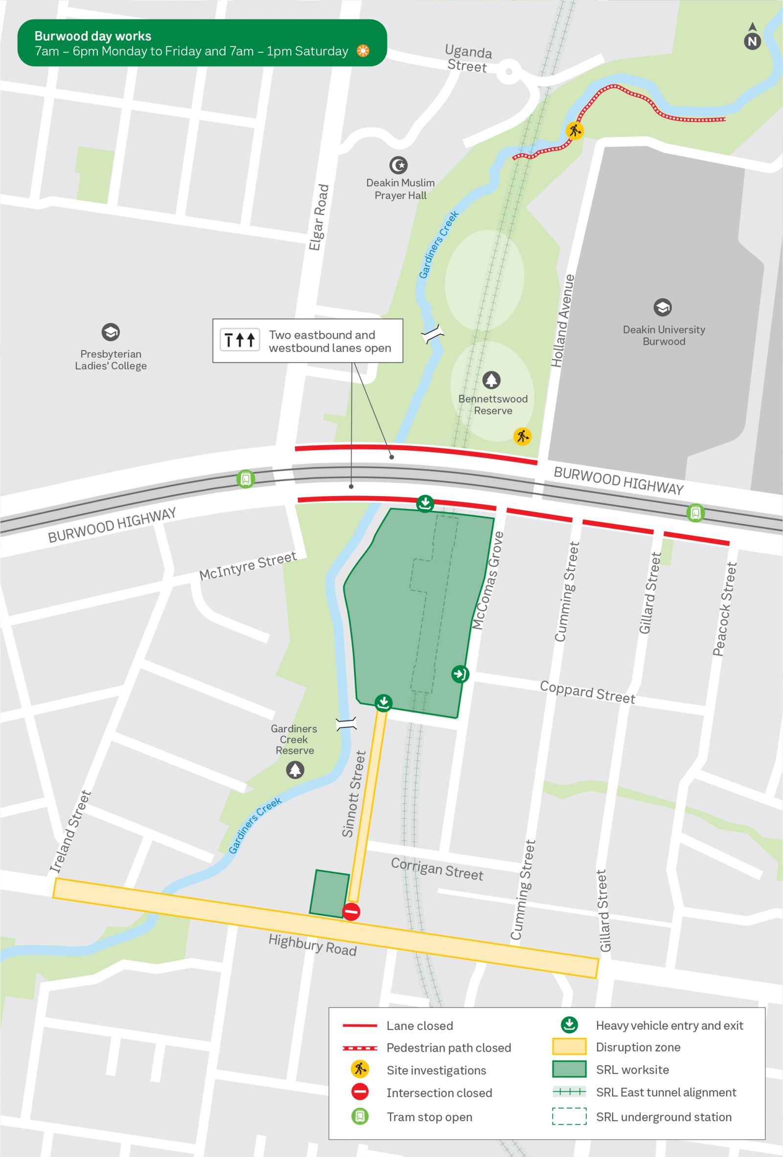 Map showing works happening in Burwood during day time hours throughout August.