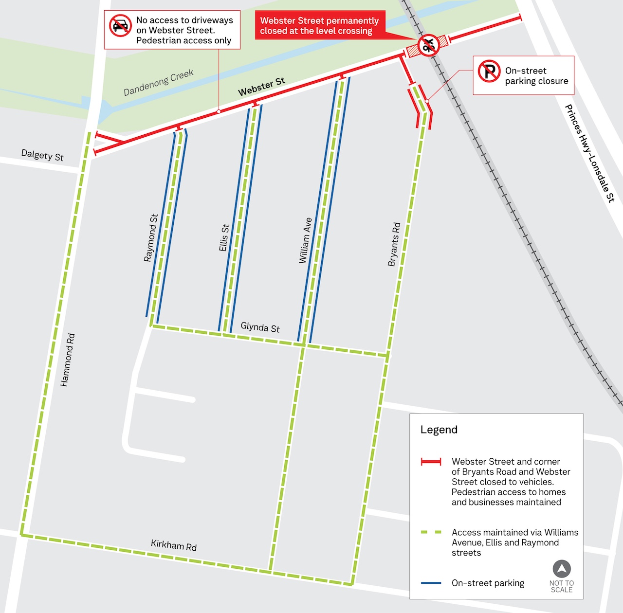 Map showing Webster Street closure between Hammond Road and Princes Highway-Londsdale Street