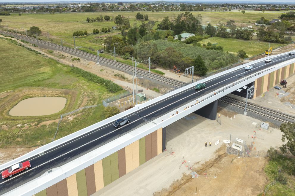 The new Watsons Road bridge connection over the rail line 