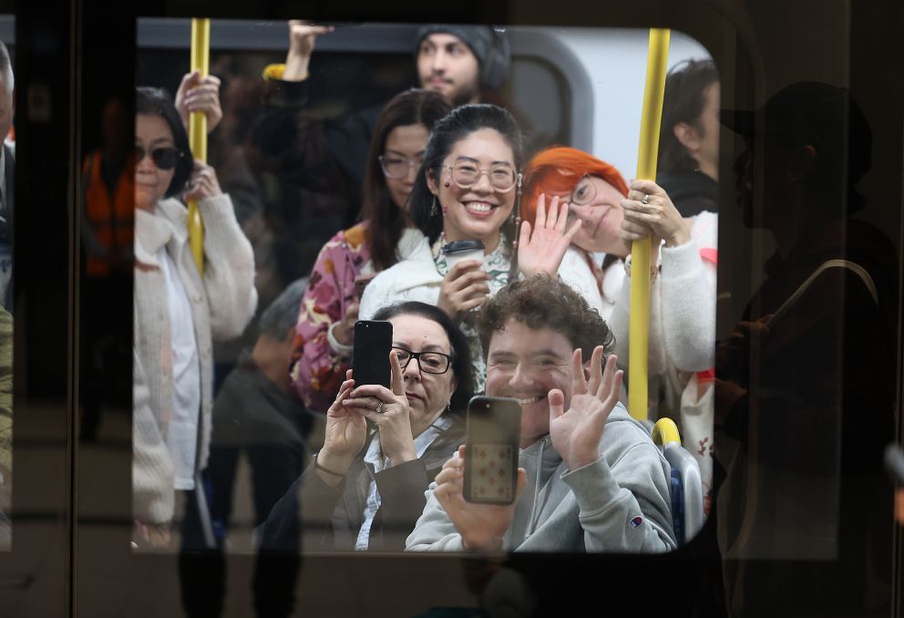 Passengers aboard a train in the Metro Tunnel. 
