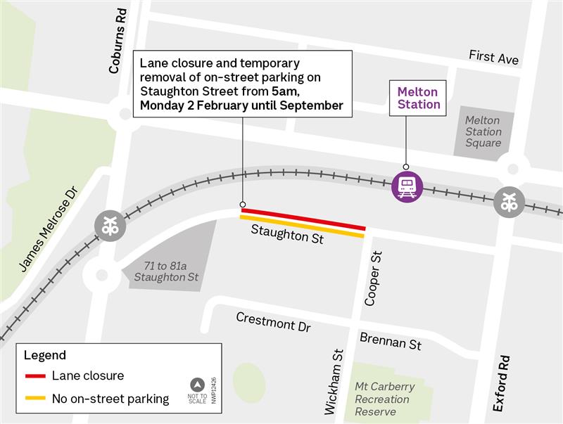 Map showing lane closure and temporary removal of on-street parking on Staughton Street from 5am, Monday 2 February until Septmeber