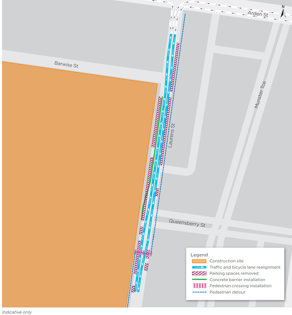 Map showing the traffic changes to Laurens Street described in the text of this page