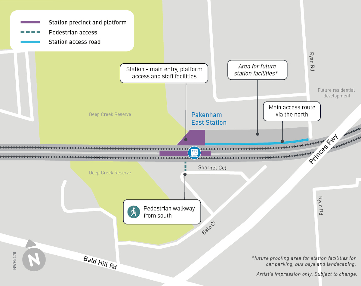 Map of where the new Pakenham East station will be located. Between Deep Creek and the Princes Freeway