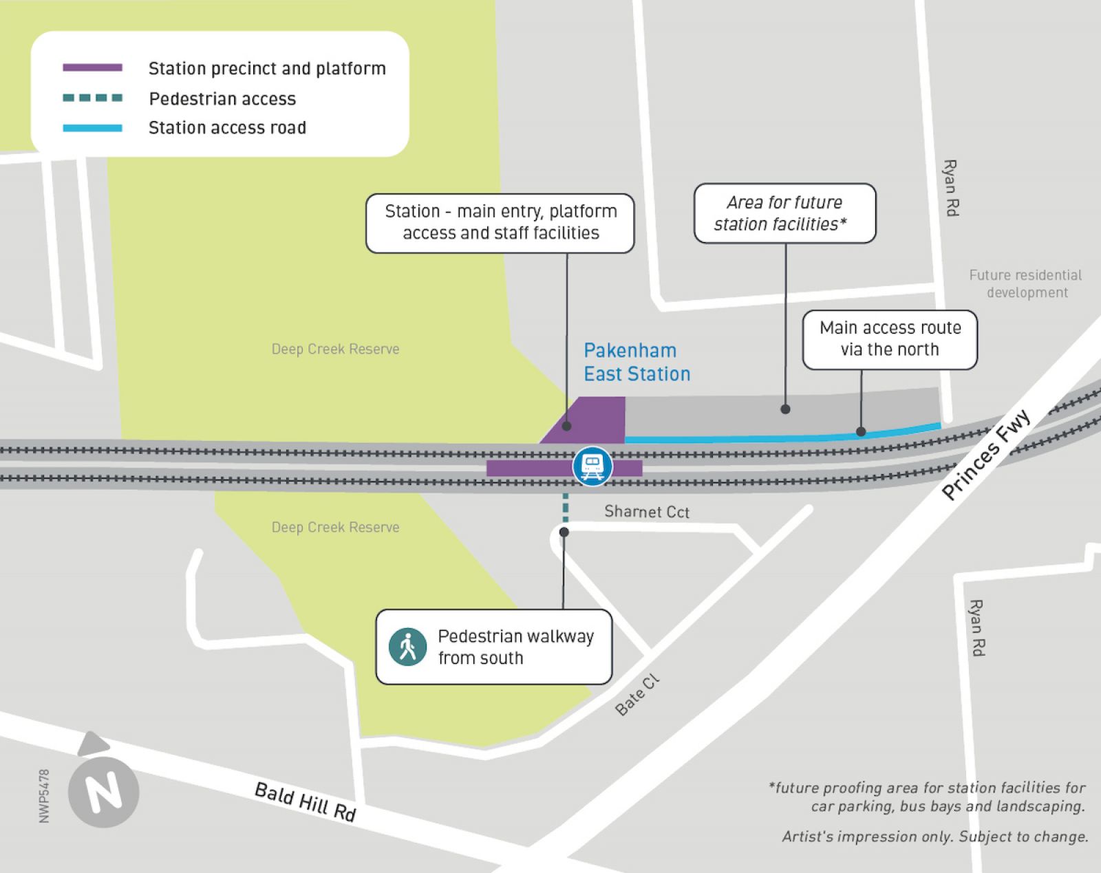 Map of where the new Pakenham East station will be located. Between Deep Creek and the Princes Freeway