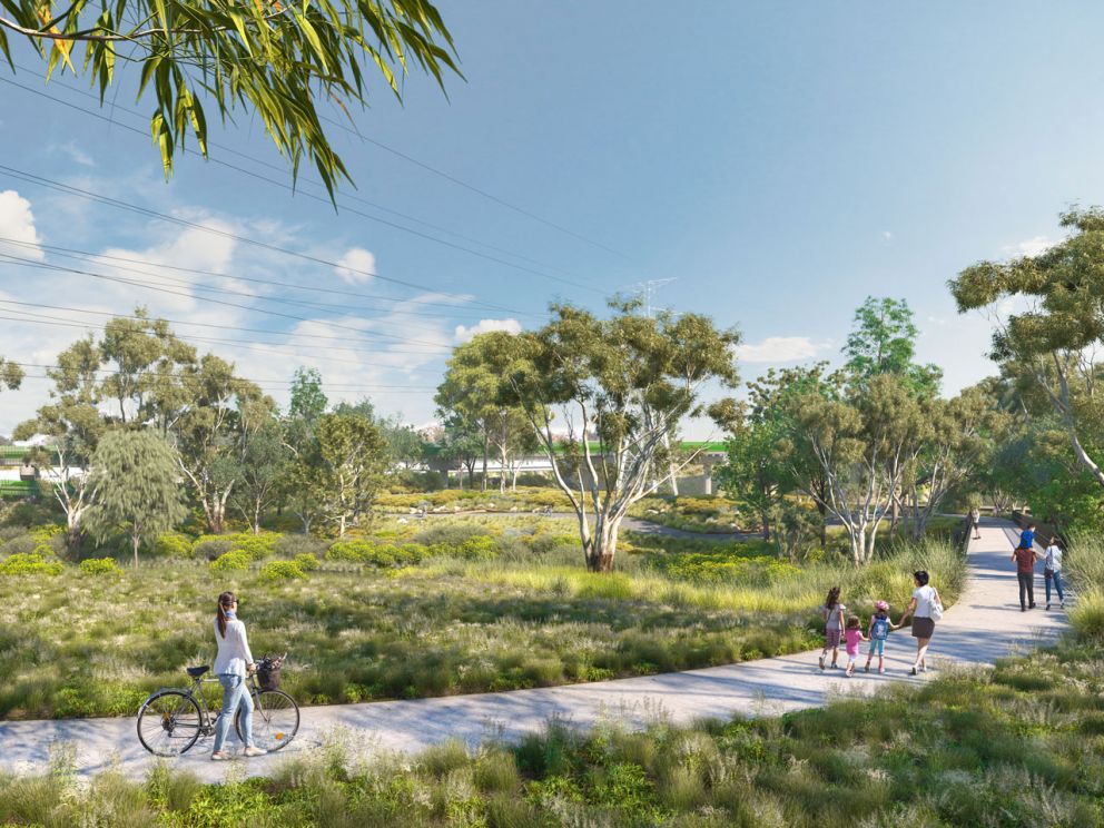 Artist impression of Stony Creek walking and cycling path, which links to Spotswood station