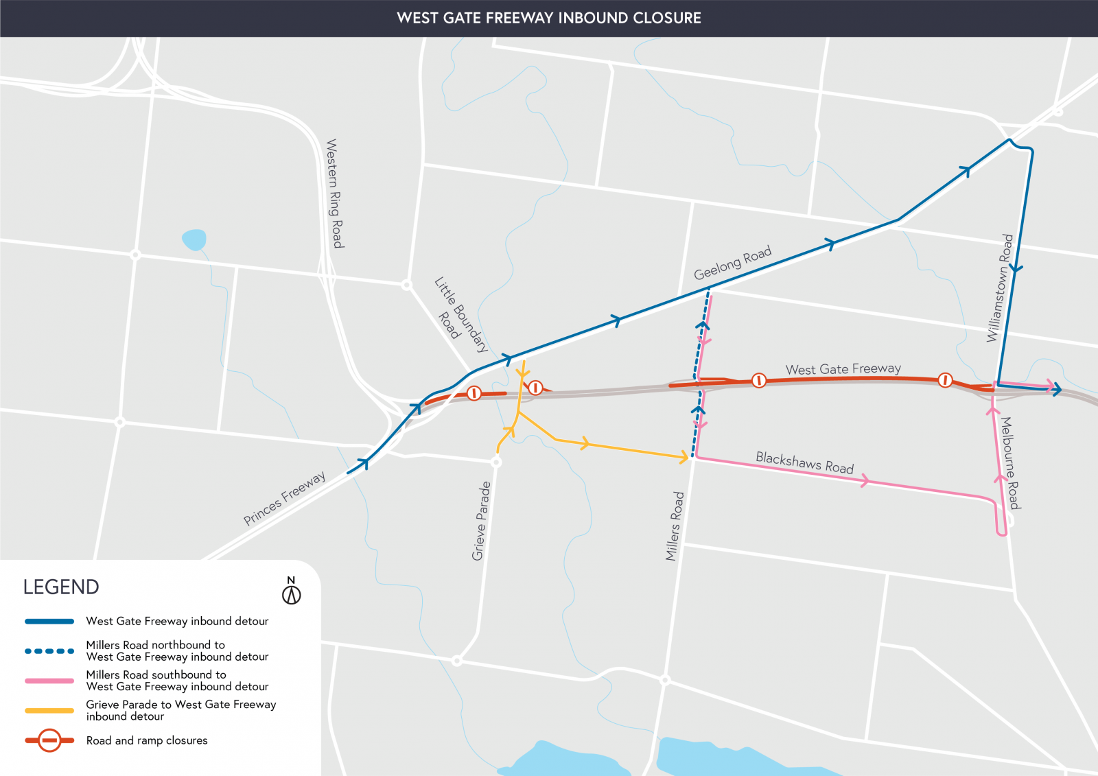 Map of detours for West Gate Freeway inbound closures