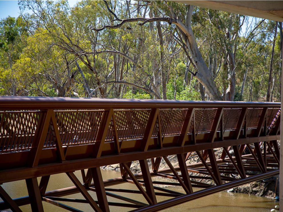 Image displays a close up of the new shared walking and cycling bridge over the Campaspe river, with treee in the background.