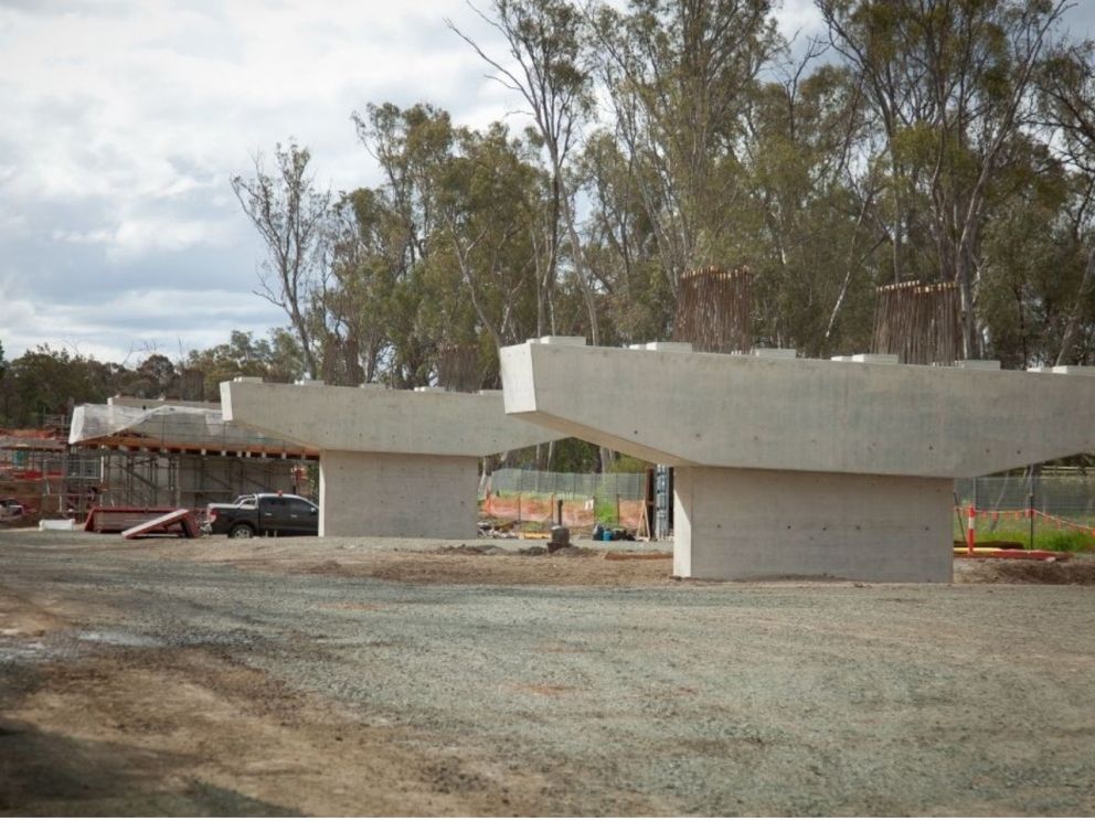 Campaspe River Bridge pier construction with two completed piers in the image, others nuder construction